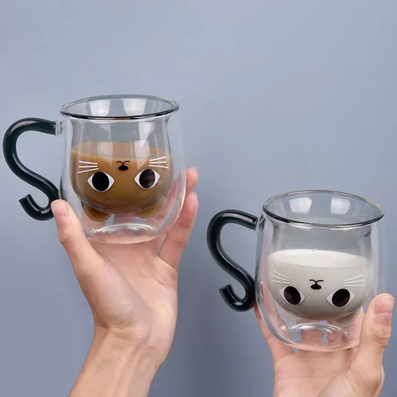 Home 250 ml Kreative Cartoon Katze Doppelwandige Glastasse mit Griff Niedliche Kaffeetasse Hitzebeständige Tasse Büro Küche Getränke Ware