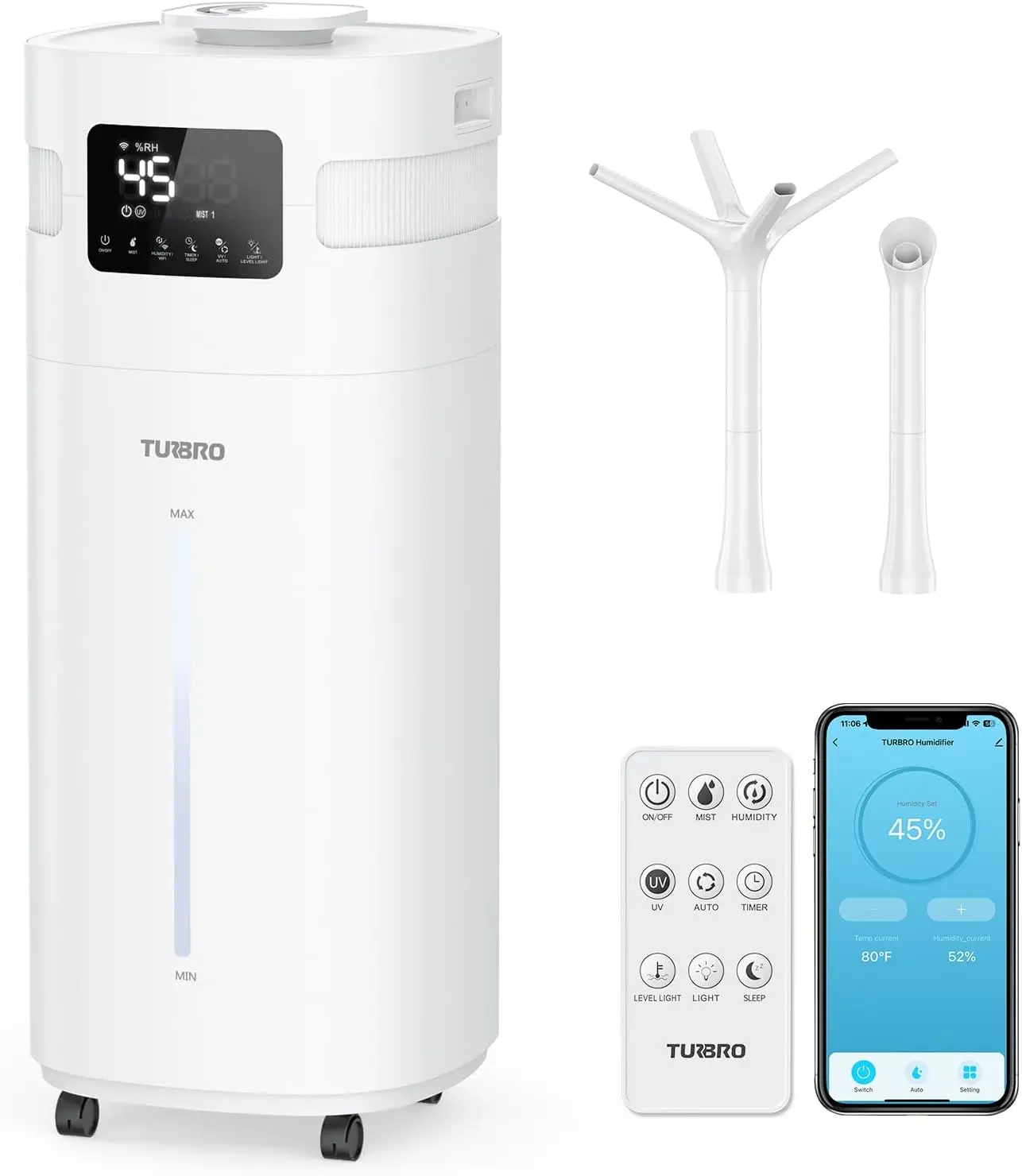 

Коммерческий увлажнитель, с поддержкой Wi-Fi, 5.3gal/20L ультразвуковой испаритель воздуха для больших помещений до 2000 кв. футов, УФ-C светодиодный, верх