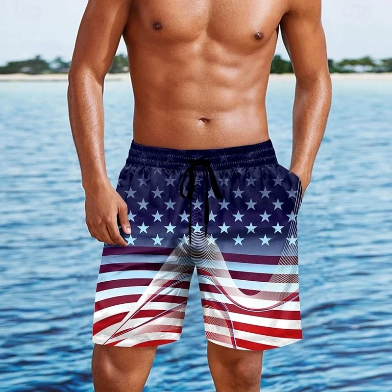 3D Print America Flag Short Pants For Men American Cow Pattern Swim Trunks Casual Swimwear Beach Shorts Sports Surf Board Shorts
