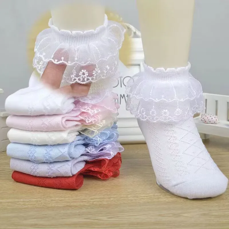 Mesh Socks Breathable Lace with Ruffle Princess Children Ankle Short Sock White Pink Yellow for Baby Girls Kids Toddler