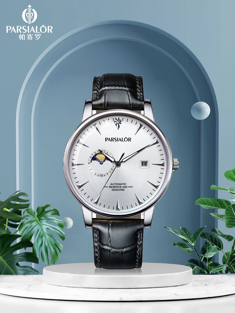 PARSIALOR 6030 Fashion Men's Automatic Mechanical Wristwatch Moon Phase Luminous Leather Strap Business Casual Watches for Man