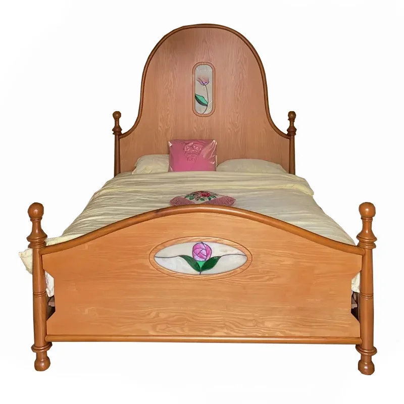 Double bed 1.8 meters high backrest French, retro solid wood bed, master 1.5 bedroom wedding bed