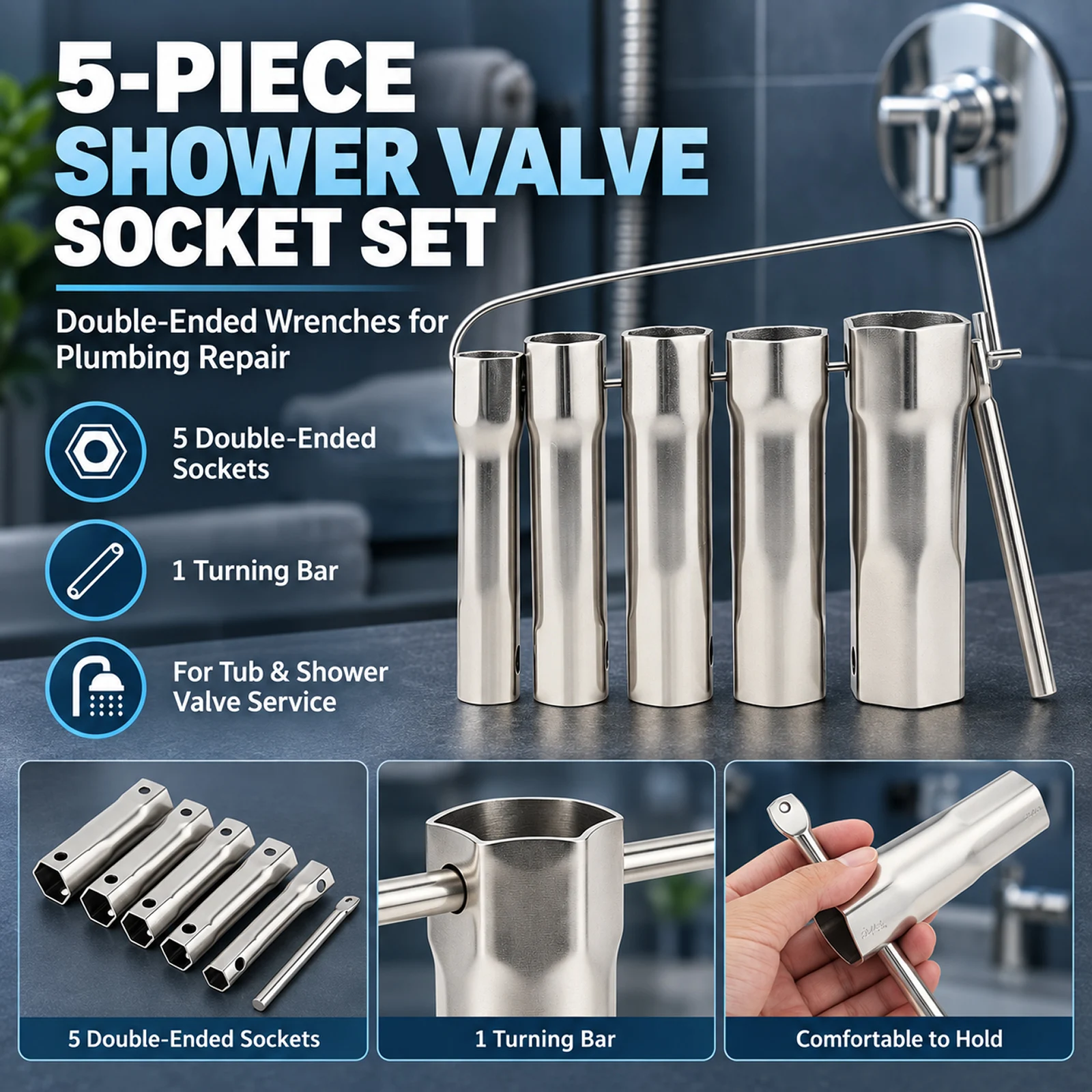 5 pcs Double End Shower Valve Socket Wrench Set for Tub Shower Valve Repair Tool Chrome Vanadium Steel Socket Wrench Spanner