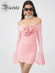 VC Pink Elegant Dresses For Women Slash Neck 3D Flowers Design Long Sleeves Draped Mini Dress Fashion Party Vestidos
