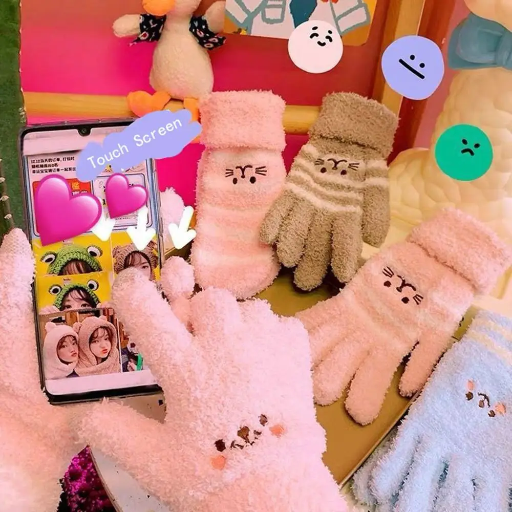 Inverno de pelúcia bonito da menina luvas de dedo quente bordado blush urso lã luvas estudante frio ao ar livre ciclismo