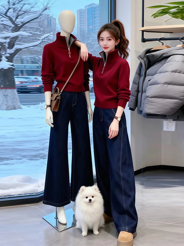 

Red Half Zipper Stand Collar Long Sleeve Knitted Sweater Women's Inner Wear Casual Loose Fit mid Weight Color