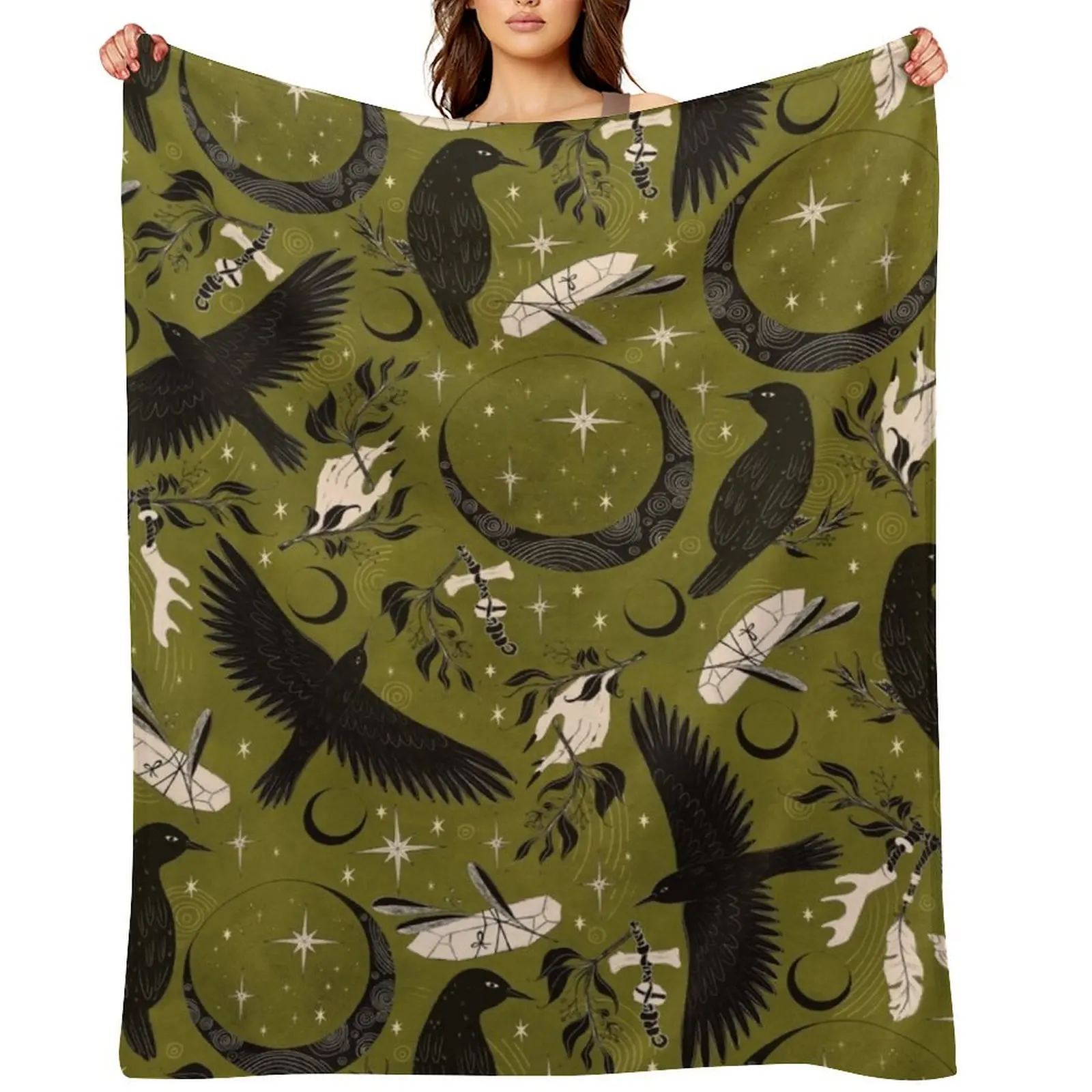 

Raven Tarot Green Throw Blanket wednesday Bed linens Designers anime Blankets