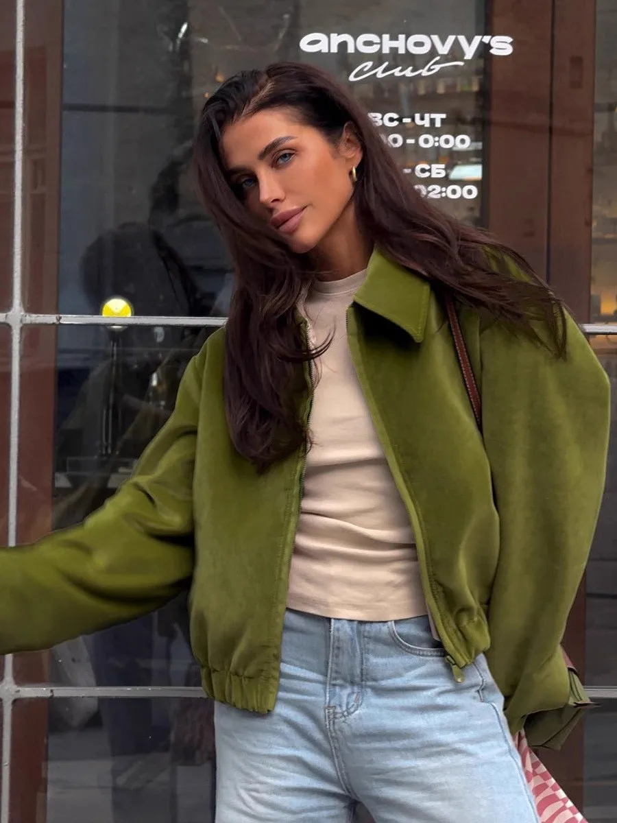 

Loose Baseball Jaet with Lapel Collar Casual Sle Women's Fce Lined ort Coat Flip Collar PU Material Pure Color