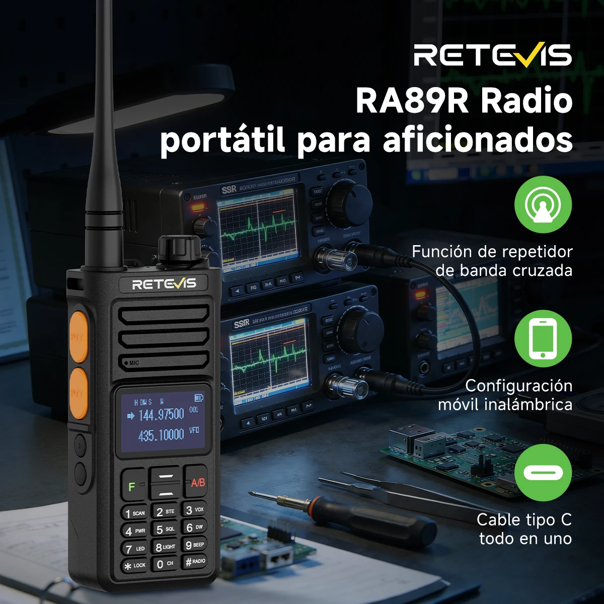 Retevis RA89R Walkie-talkie de radioaficionado de banda cruzada (U/V), programable por App Bluetooth, batería de 2800 mAh, inalámbrico de largo alcance para camping.