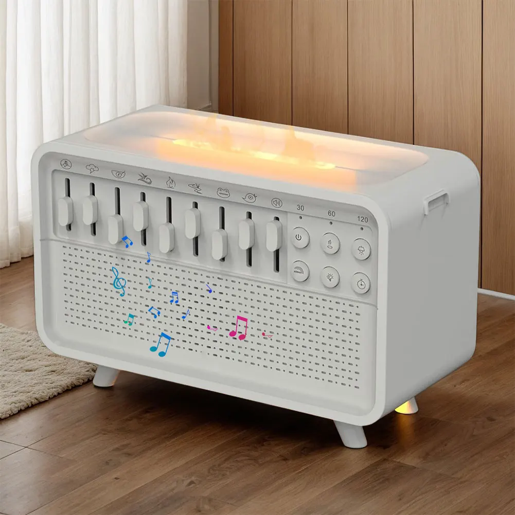 

White Noise Sleep Sound Machine Flame Air Diffuser Humidifier with BT Speaker & Night Light Essential Oil Diffuser for Bedroom