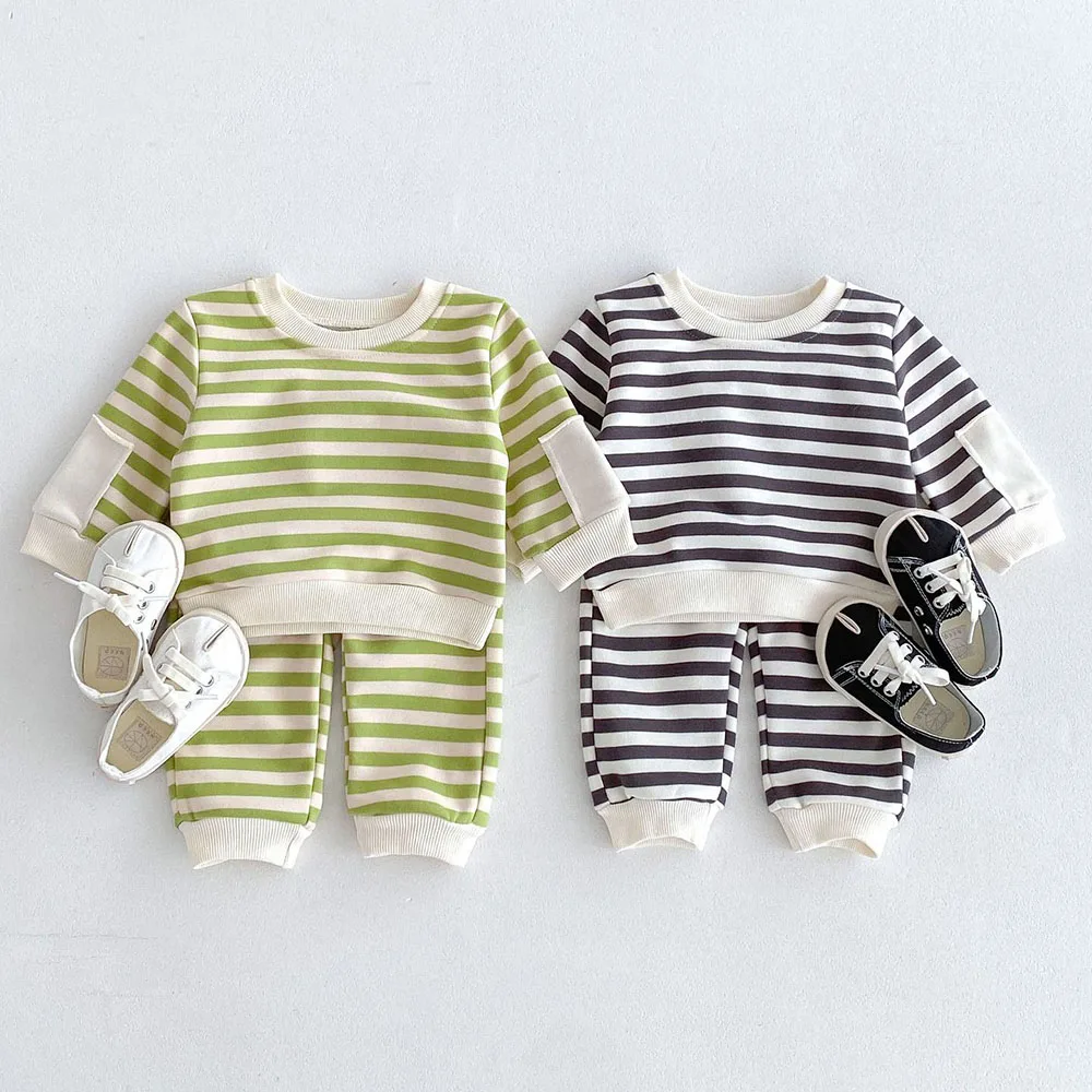 MILANCEL Autumn Baby Kid\'s Clothes Set Boys Striped Long Sleeve Hoodies Suit Girls Sweatshirt Casual Suit  Top+Pants 2Pcs