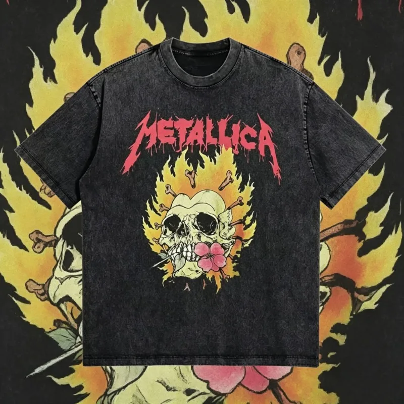 2026 Classic Thrash Metal Ruck Band Metallica Graphic Print Vintage Washed T-shirt Men Women Streetwear Harajuku Top Loose Tee