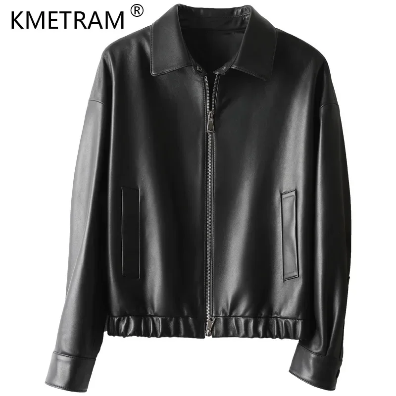 Veste en peau de mouton véritable pour femme, blouson court en cuir véritable, décontracté, noir, manteau de motard Streetwear, SGG