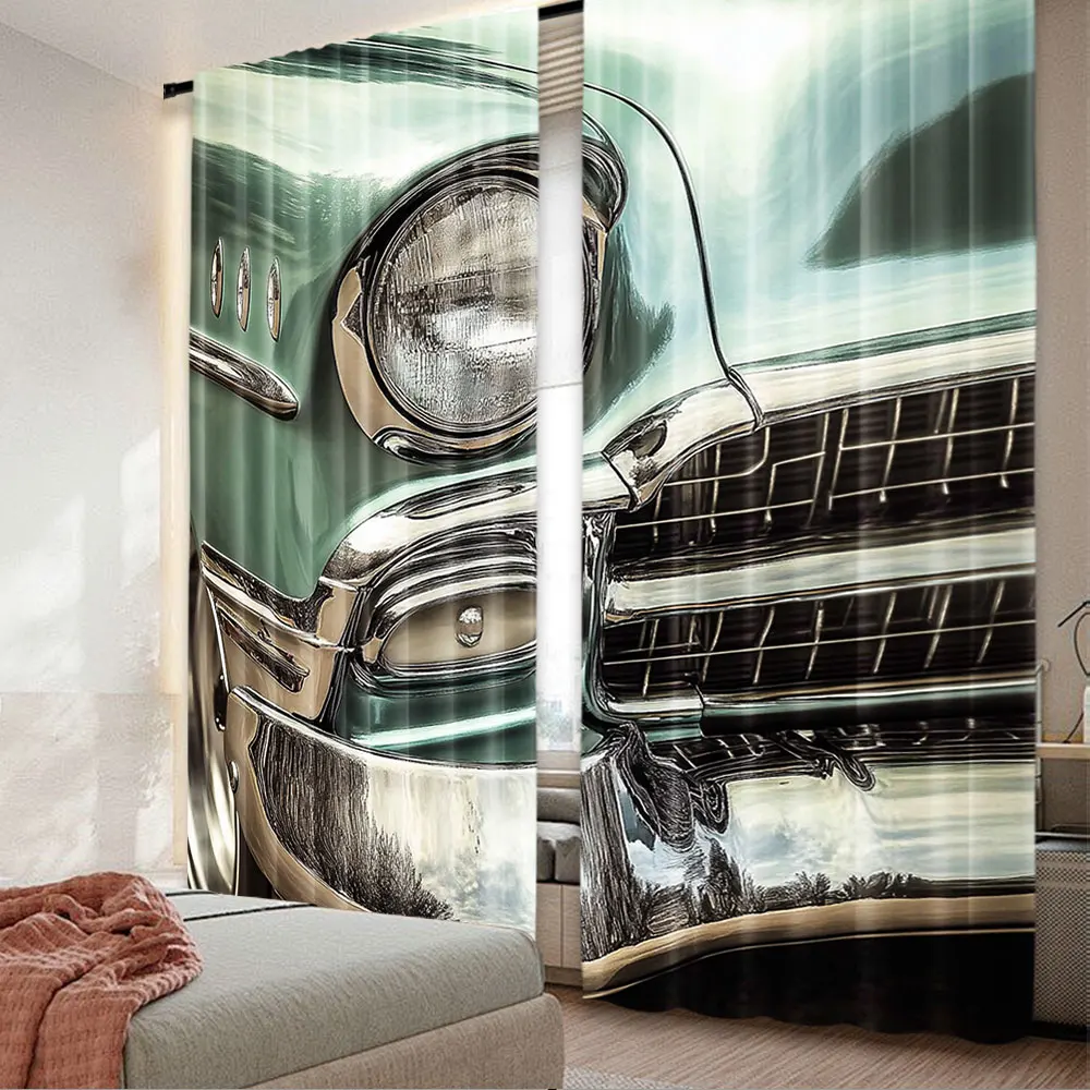 2Pcs 1950S Curtain Retro Style Front Of A Green Antique Car Bumper Suitable For Bedroom Living Room Dining Room Study Office