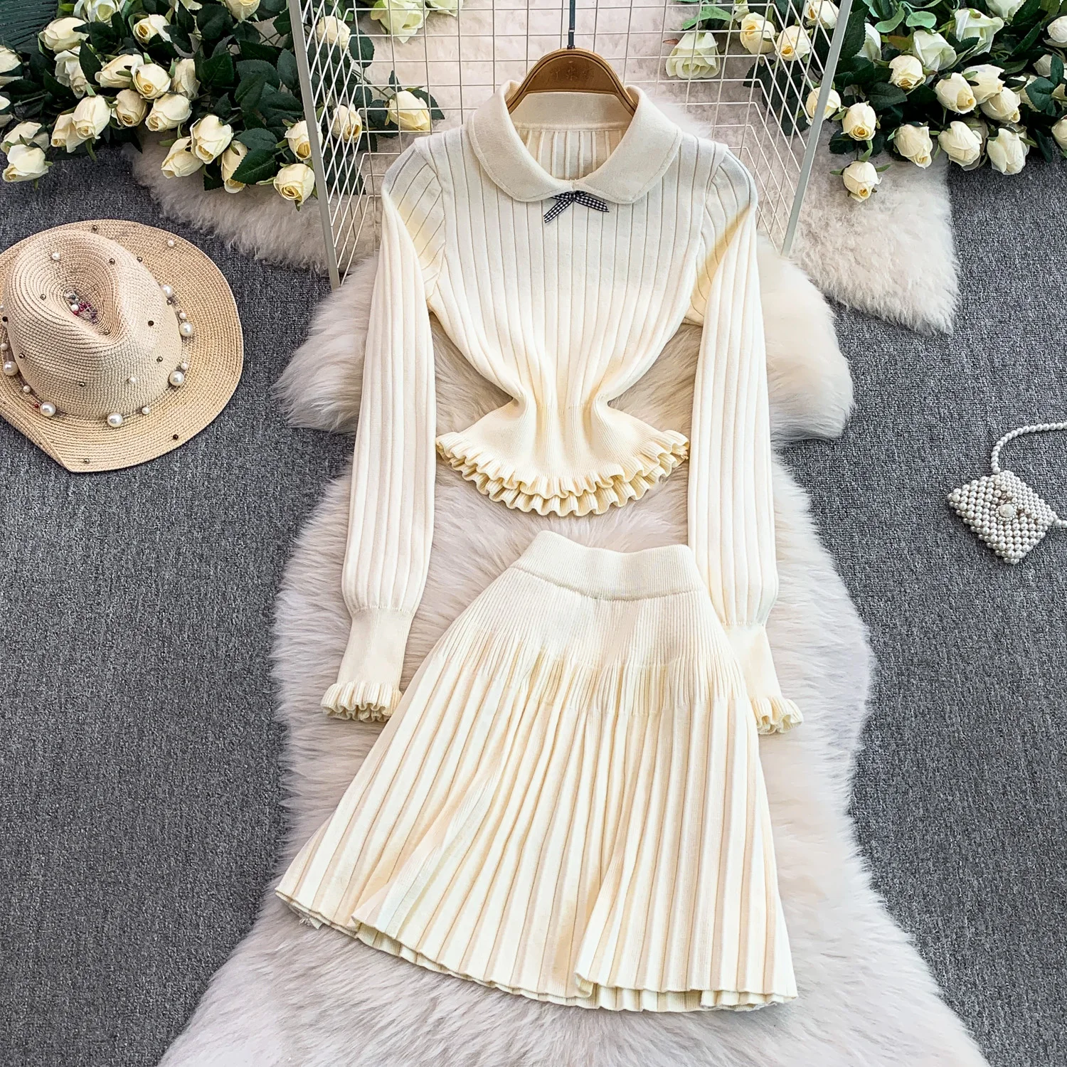 

Женский вязаный комплект Lady Sweet Pit, женский зимний костюм с рюшами и воротником «Питер Пэн», топ, плиссированная юбка, милый комплект в консервативном стиле