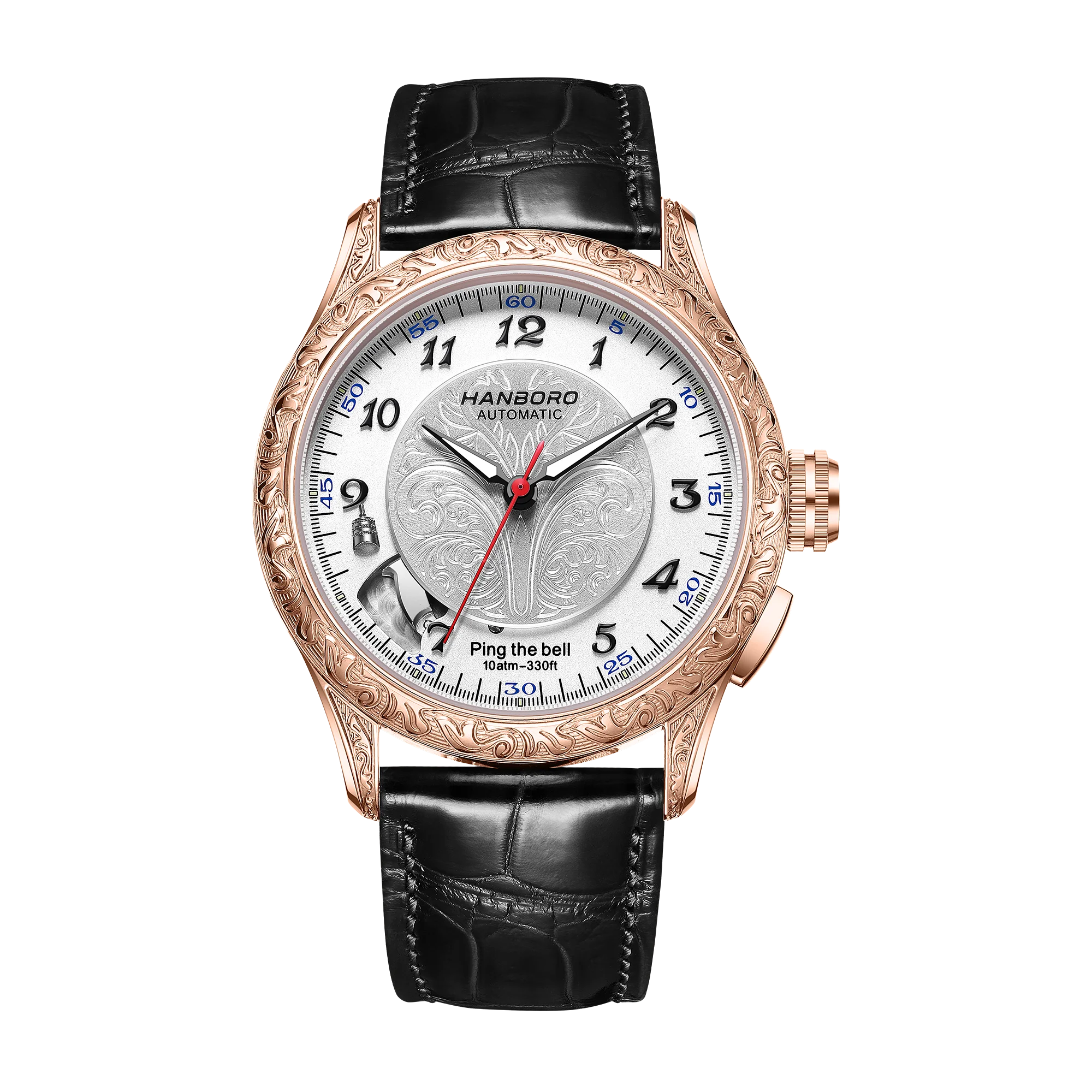 

HANBORO Мужские автоматические часы с будильником, механические наручные часы 10ATM, водонепроницаемые, с сапфировым стеклом, светящимся резным корпусом, Ping The Bell