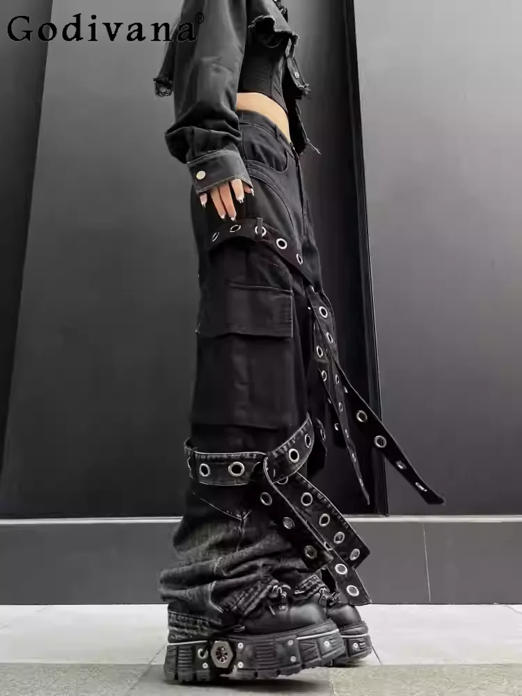 American Personality Girl Punk Heavy Industry Straps Dark Female Hip-hop Jeans Fashion Loose Street Subculture Wide-leg Pants