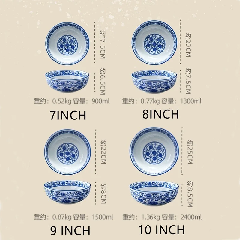 Blue and White Porcelain Tableware Ceramic Big Bowl Japanese Utensils Decorative Noodle Bowl Soup Home Kitchen Supplies