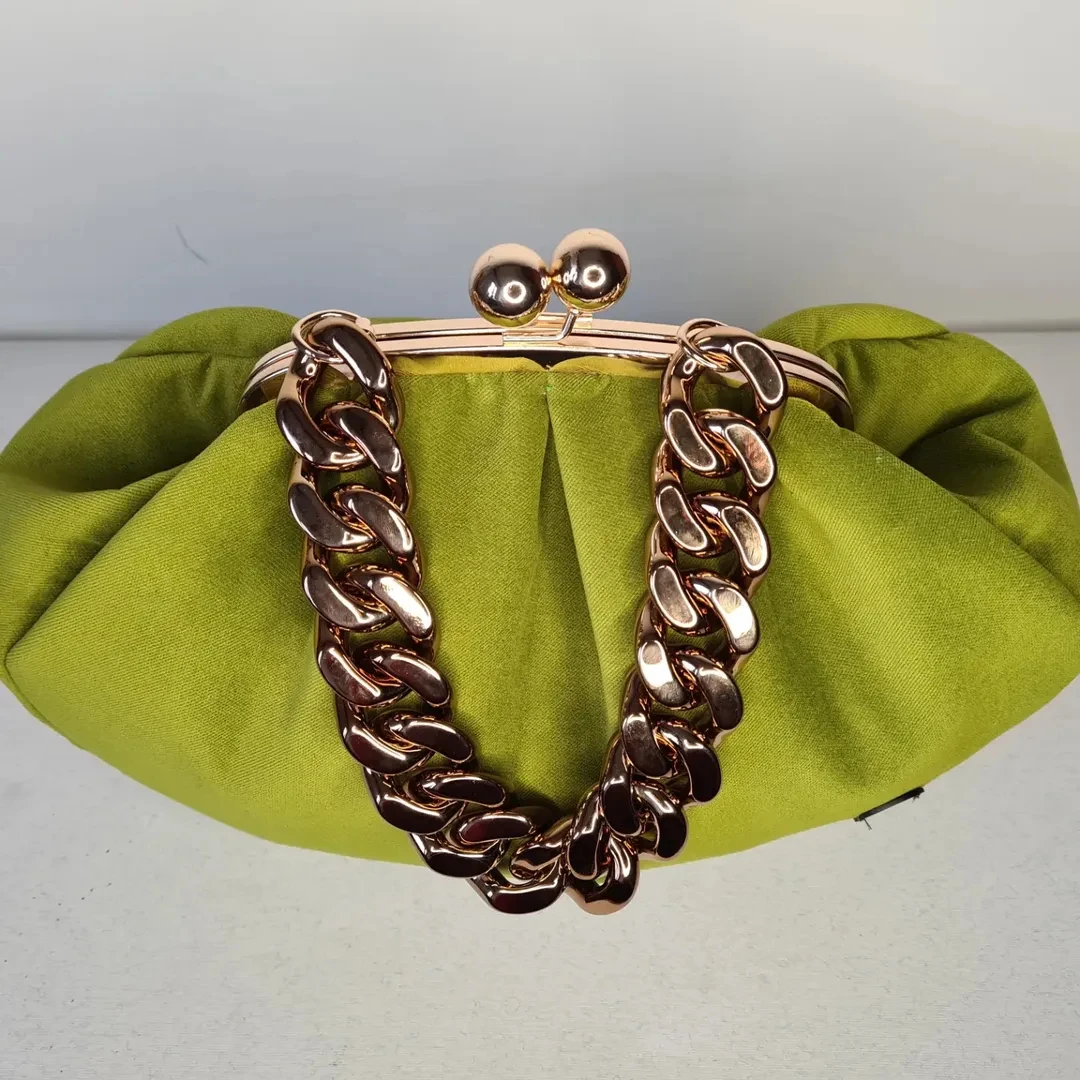 Lost in Vintage Velvet Bag Kisslock Bag 33x24x10cm Green Bags Frame Clutch Luxury Gold Handle Evening Clutch Long Chain