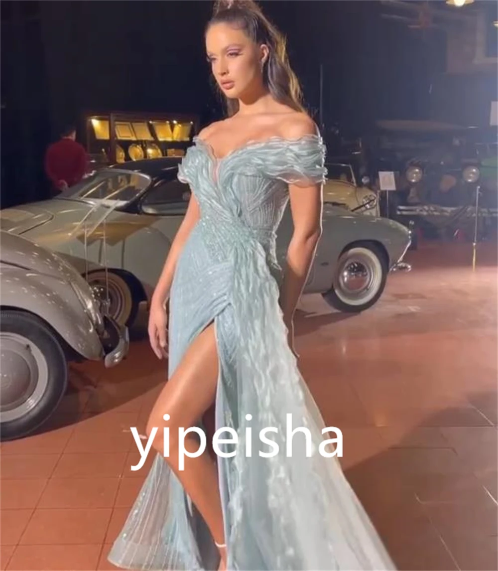 Exquisitos vestidos elegantes con hombros descubiertos para celebridades de sirena, vestidos drapeados de Organza hasta el suelo, vestidos de noche