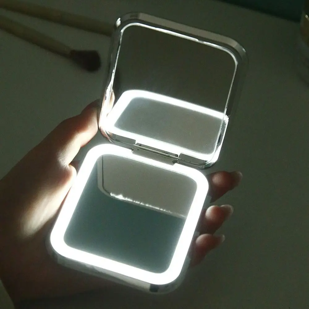 Lekkie, dwustronne lusterko do makijażu LED, mini lusterko kieszonkowe z powłoką galwaniczną, z oświetleniem, ściemnialne, składane lusterko do makijażu, idealne do akademika.