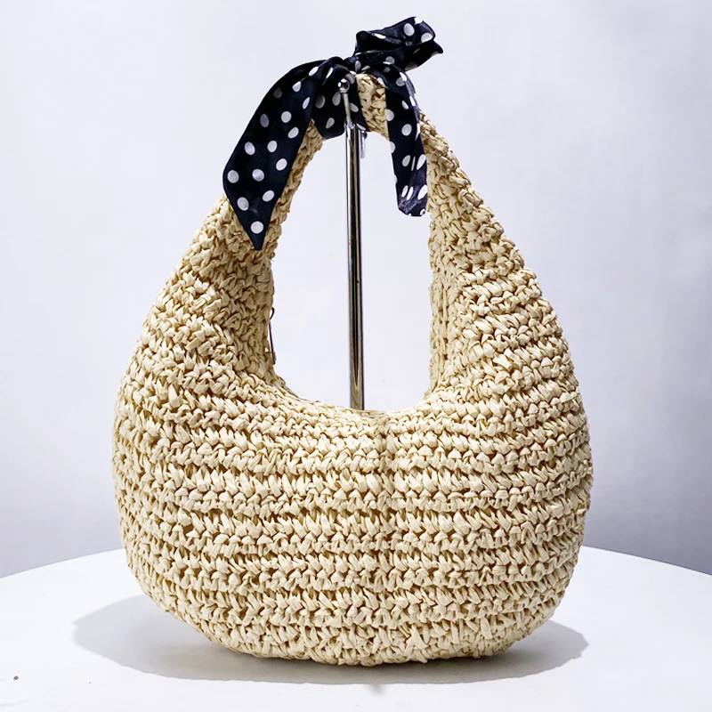 Straw Bags For Women Luxury Designer Handbags Purses 2024 New In Casual  Summer Beach Handmade Weave Scarves Decorate Half Moon