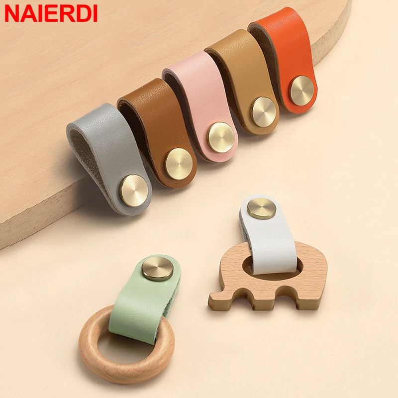 

NAIERDI Cowhide Leather Cabinet Handles Nordic Furniture Handle for Kids Room Elephant Wooden Kitchen Handle Drawer Knobs