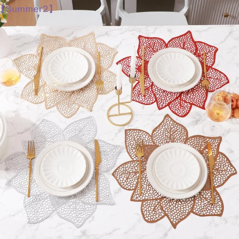 Luxury Lotus Shaped PVC Waterproof Placemat Metallic Flower Heat Resistant Table Mat Non Slip Coaster For Dining Table Decor{S}