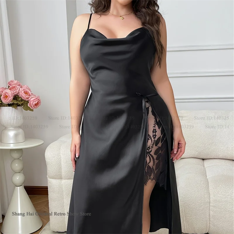 

Large Size 3XL 4XL 5XL Female Nightgown Chemise Sleepwear Sexy Lace Split Suspender Nightdress Lingerie Summer Ice Silk Homewear