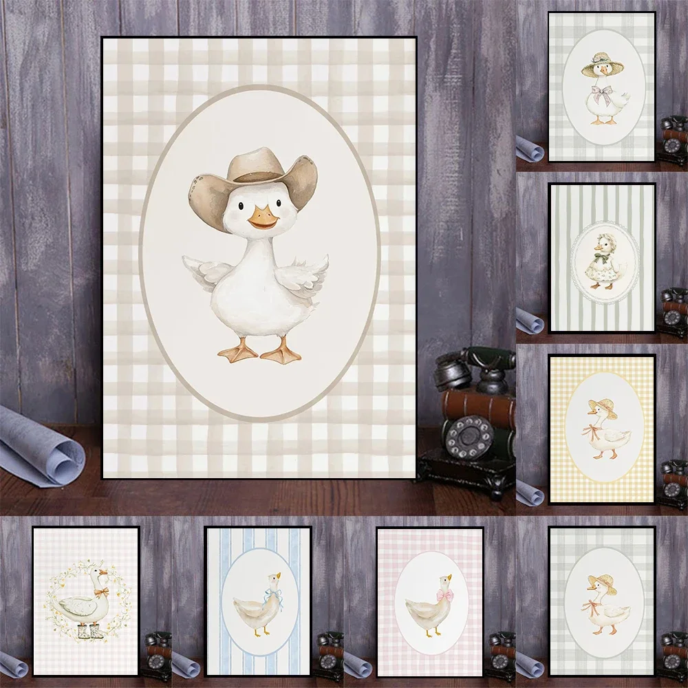 Canvas Painting  Con Ilustración De Pato Ganso Bobo Verde Salvia,  Impresa, Arte De Pared De Animales De Granja Para Guarderí
