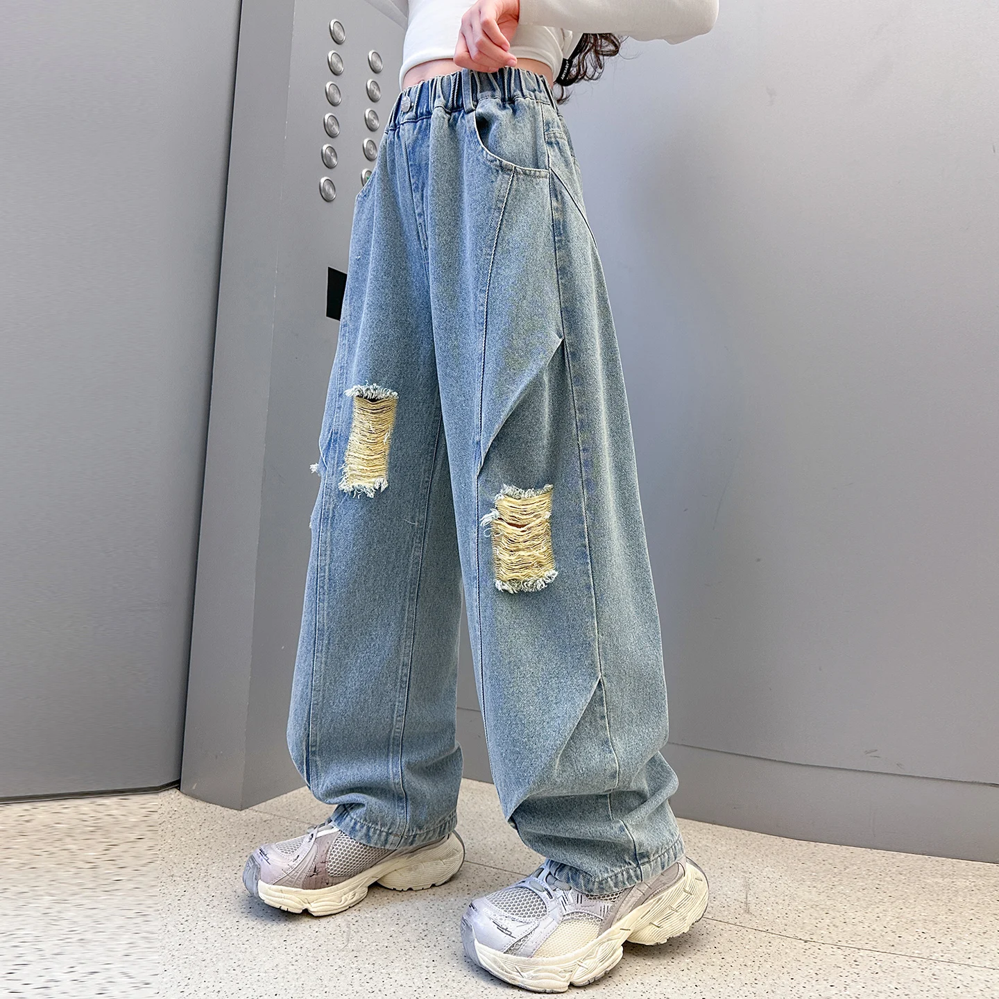 New Autumn Children's Ripped Jeans for Teenage Girls Casual Loose Straight Destroyed Blue Denim Trousers Age 5 7 9 11 13 14 Year