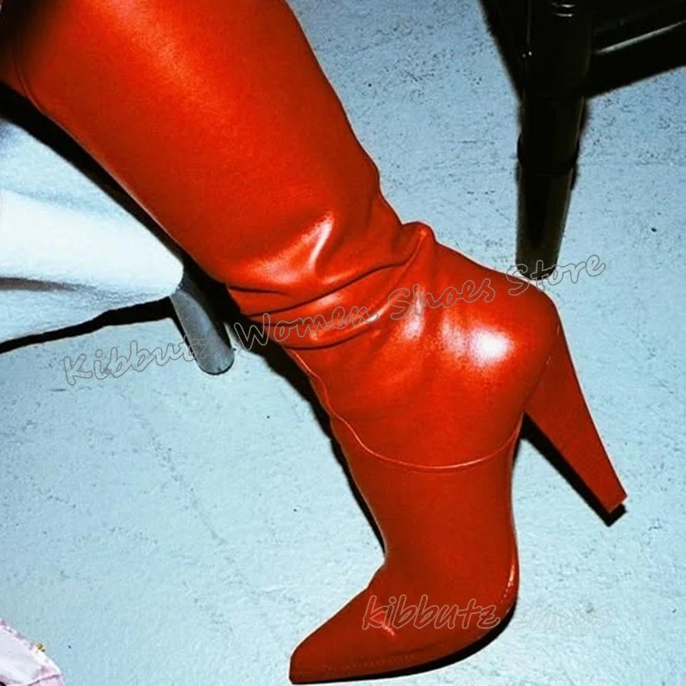 

Leather Modern Knee High Boots Solid Color Fashion Elegant Luxury Concise Sexy Slip-On Women Party Dress Shoes Pointy Spike Heel