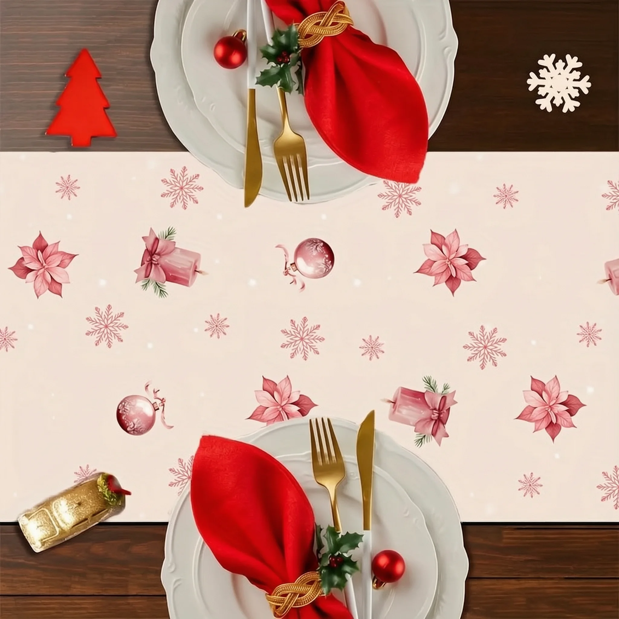 1pc Polka Dot Christmas Table Runner, Tree Bell Snowflake Floral Candle Light Print, Holiday Table Decor for Kitchen Party