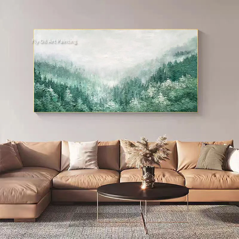 Misty Pine Forest Landscape Oil Painting Horizontal Green Mountain Forest Canvas Wall Art Hand Painted Modern Artwork Decor