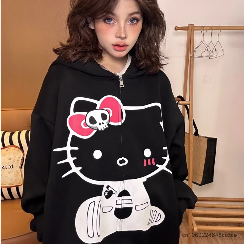 Sanrio Hello Kitty Clothes Y2k Couple Loose Sweatshirts Women Cartoon American Style Hoodies Cute Zip Up Jacket Female Trend Top