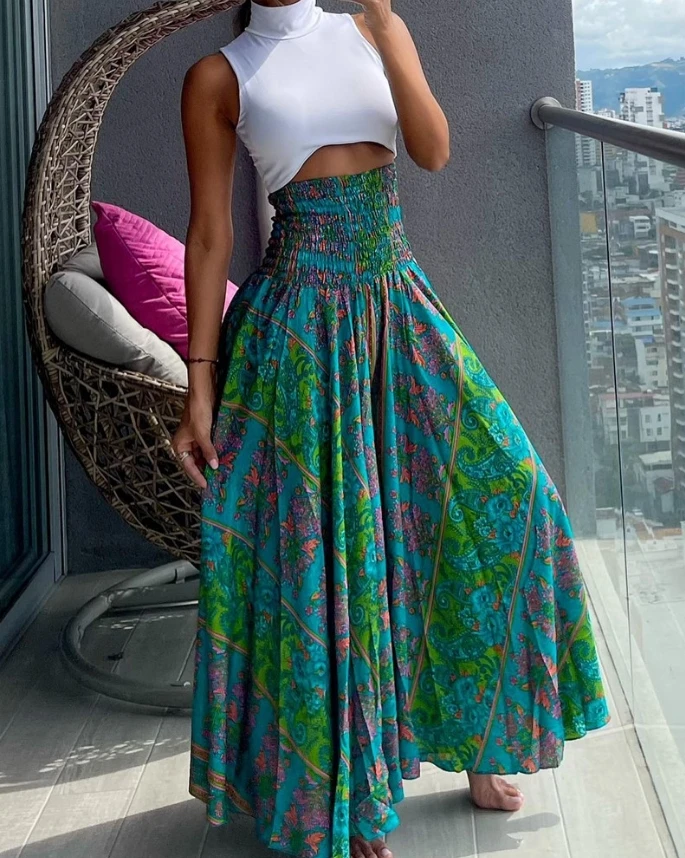 

Women's Oversized Trousers 2024 Spring/Summer Latest Casual Boho Vintage Tribal Paisley Print Shirred High Waist Wide Leg Pants