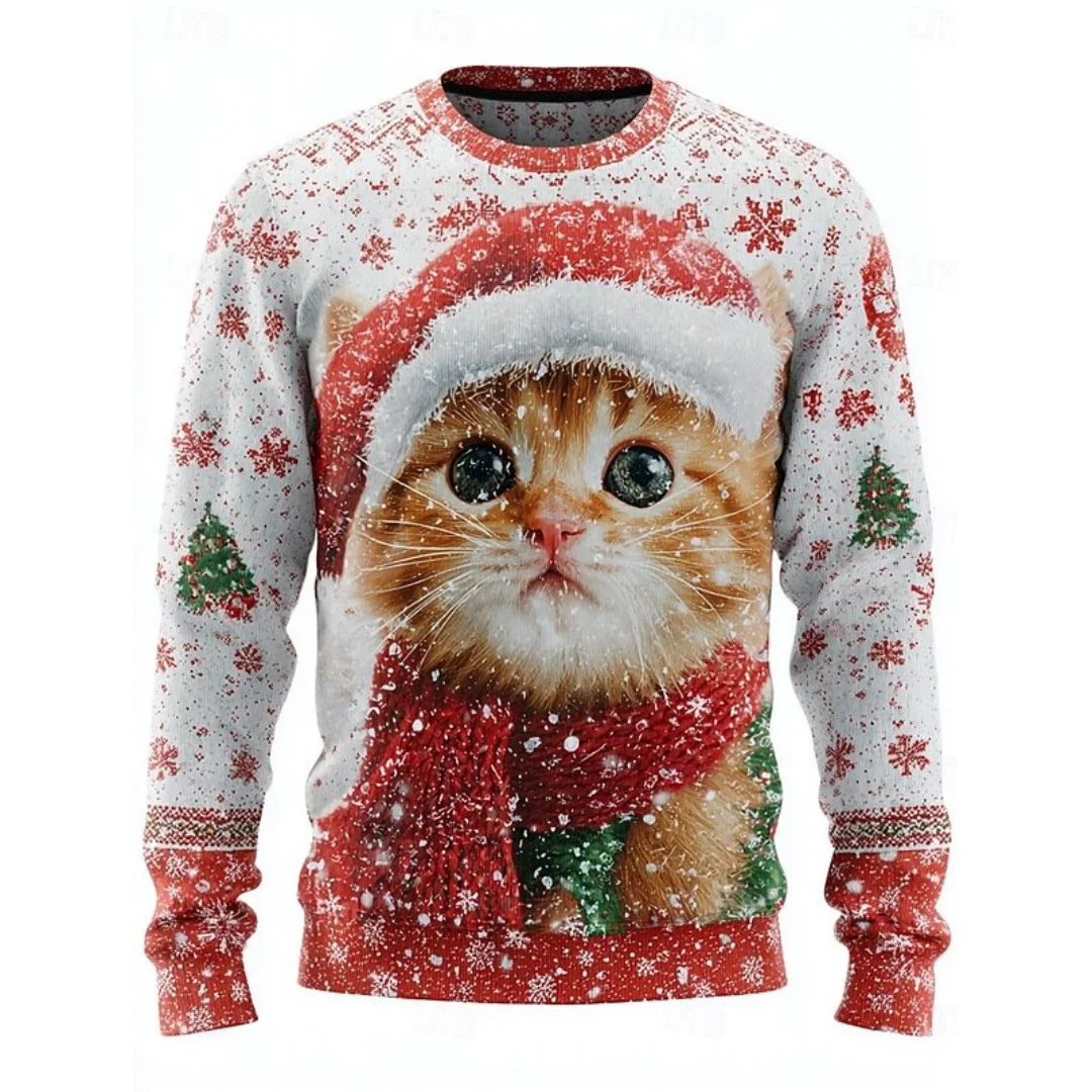 

Happy Cat Snowman Print Sweatshirt Ugly Christmas Sweater Partying Cute Cat Graphic Sweatshirts Unisex Pullovers Female Hoodies