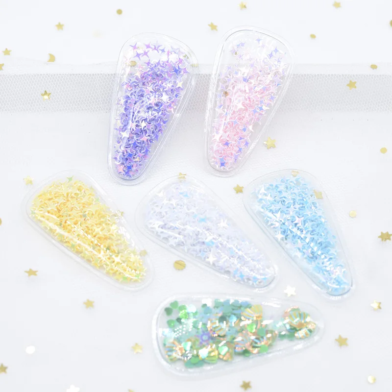 12Pcs 56*30mm Transparent Plastic Filling Shake Sequin Applique for DIY Headwear Hair Clips Handmade Sticker Accessories