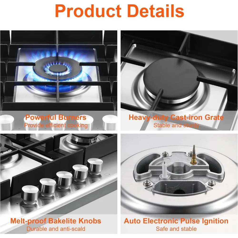 30 inch Gas Cooktop, Gas Stove Top with 5 High Efficiency Burners, NG/LPG Convertible Gas Stovetop, Thermocouple Protection