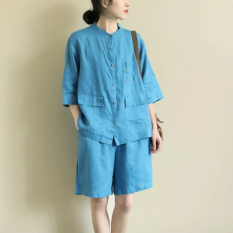 Shorts Pant Set Women Two Piece Sets Stand Collar Shirt Casual Loose Short Pants High Waist Y2k Streetwear Elegant Summer 2026