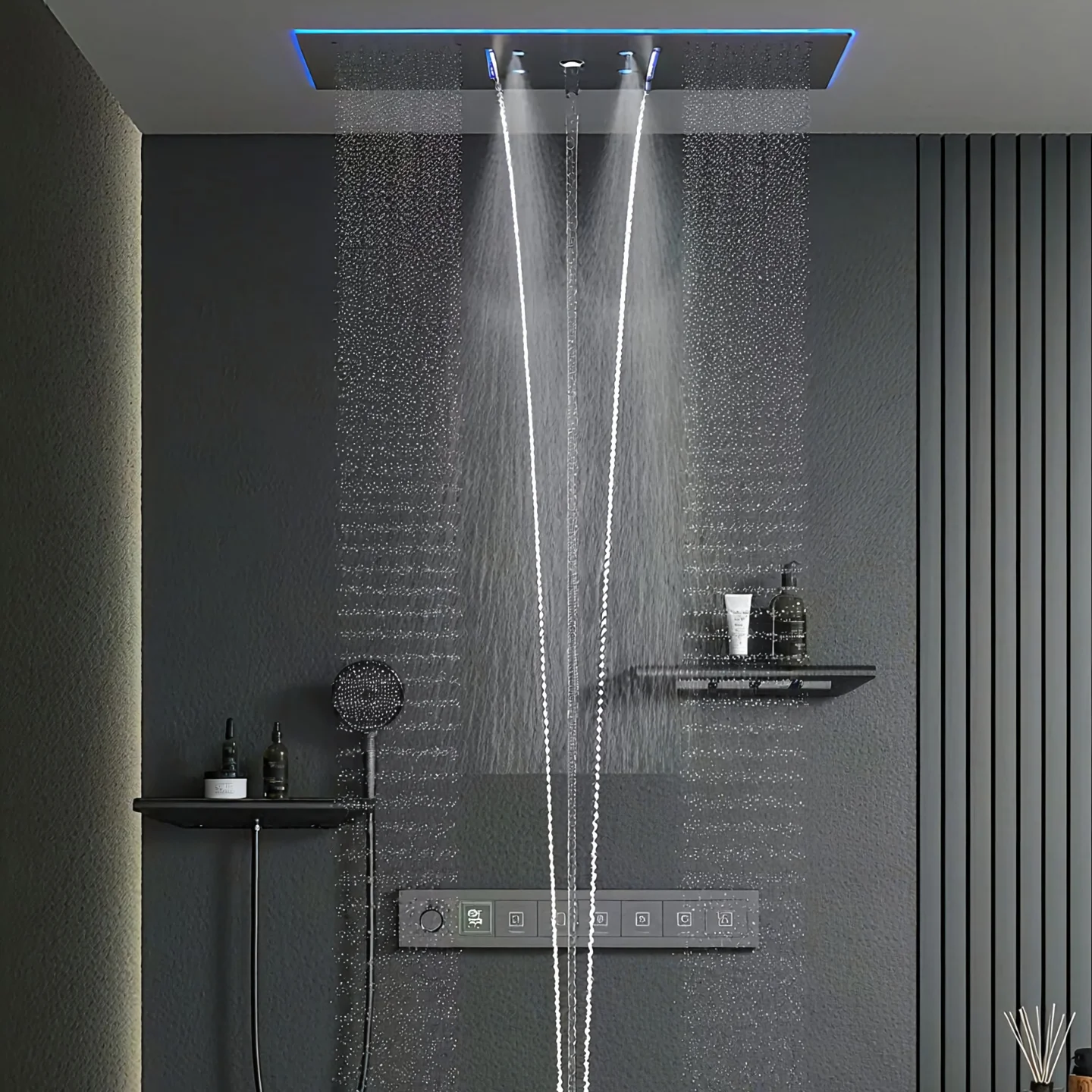 Full Brass Thermostatic Concealed Shower System Ceiling Mounted Waterfall Rain Shower Set with Smart Digital Control