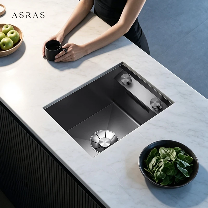 ASRAS New Nanometer Waterfall Sink SUS 304 Stainless Steel 220mm Depth Handmade Kitchen Bar Counter Island Sinks
