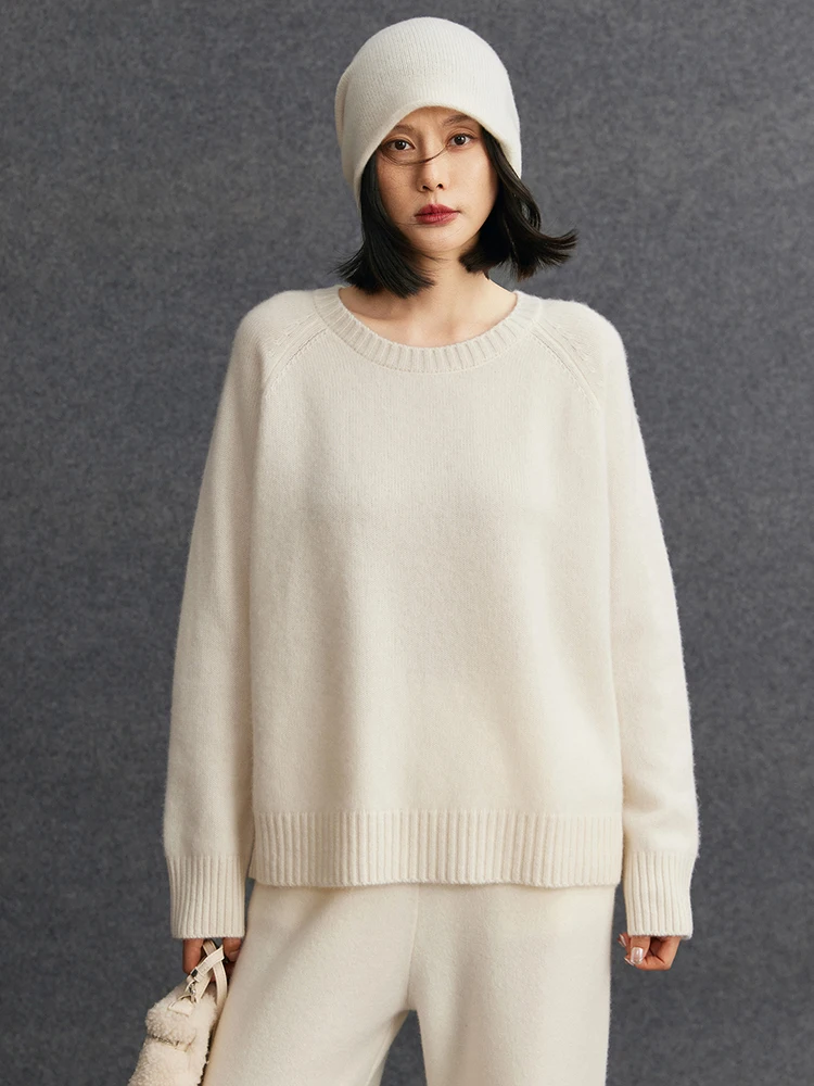 

TLOML Women's 100% Cashmere Sweater O-neck Long Sleeve Pullover Thick Soft Warm Cashmere Knitwear Autumn Winter Loose Basic Tops