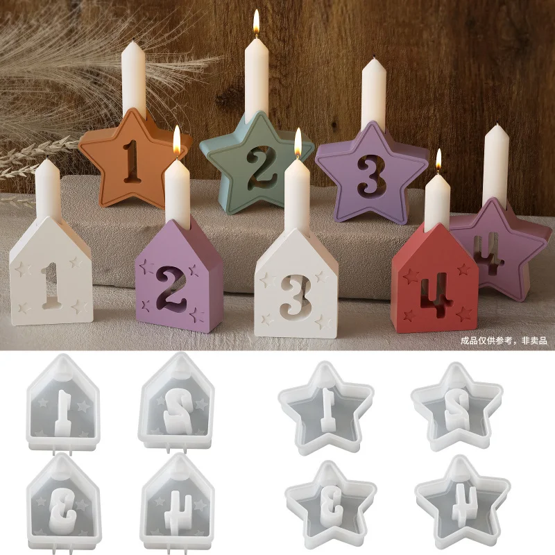 

8pcs DIY Number House & Star Candle Holder Silicone Mold, for Epoxy Resin, Aromatherapy Candles and Plaster Base Craft Making