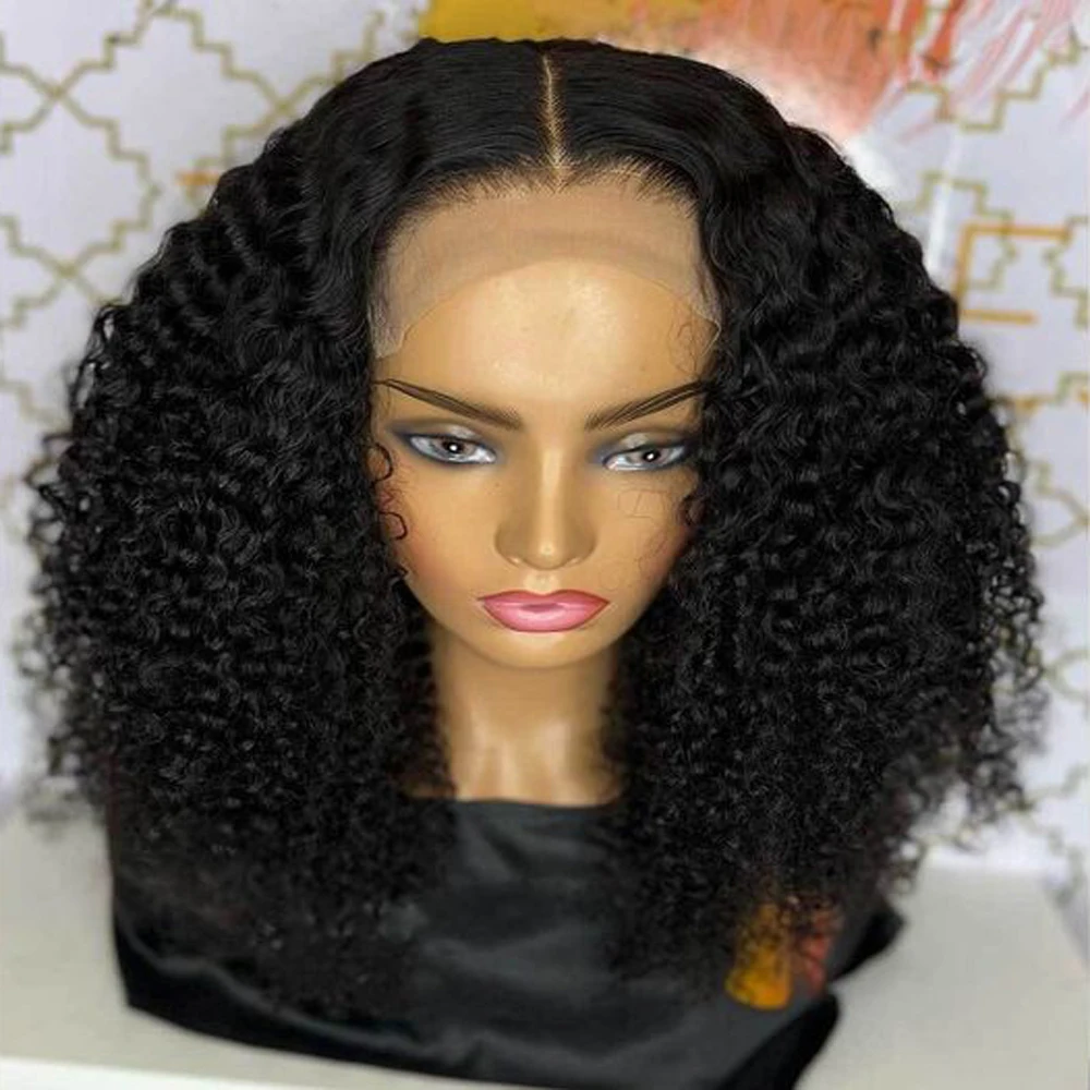 Wig depan renda keriting ikal Bob potongan pendek hitam alami 14 inci ketebalan 180 tanpa lem lembut untuk bagian dalam Cosplay harian wanita hitam