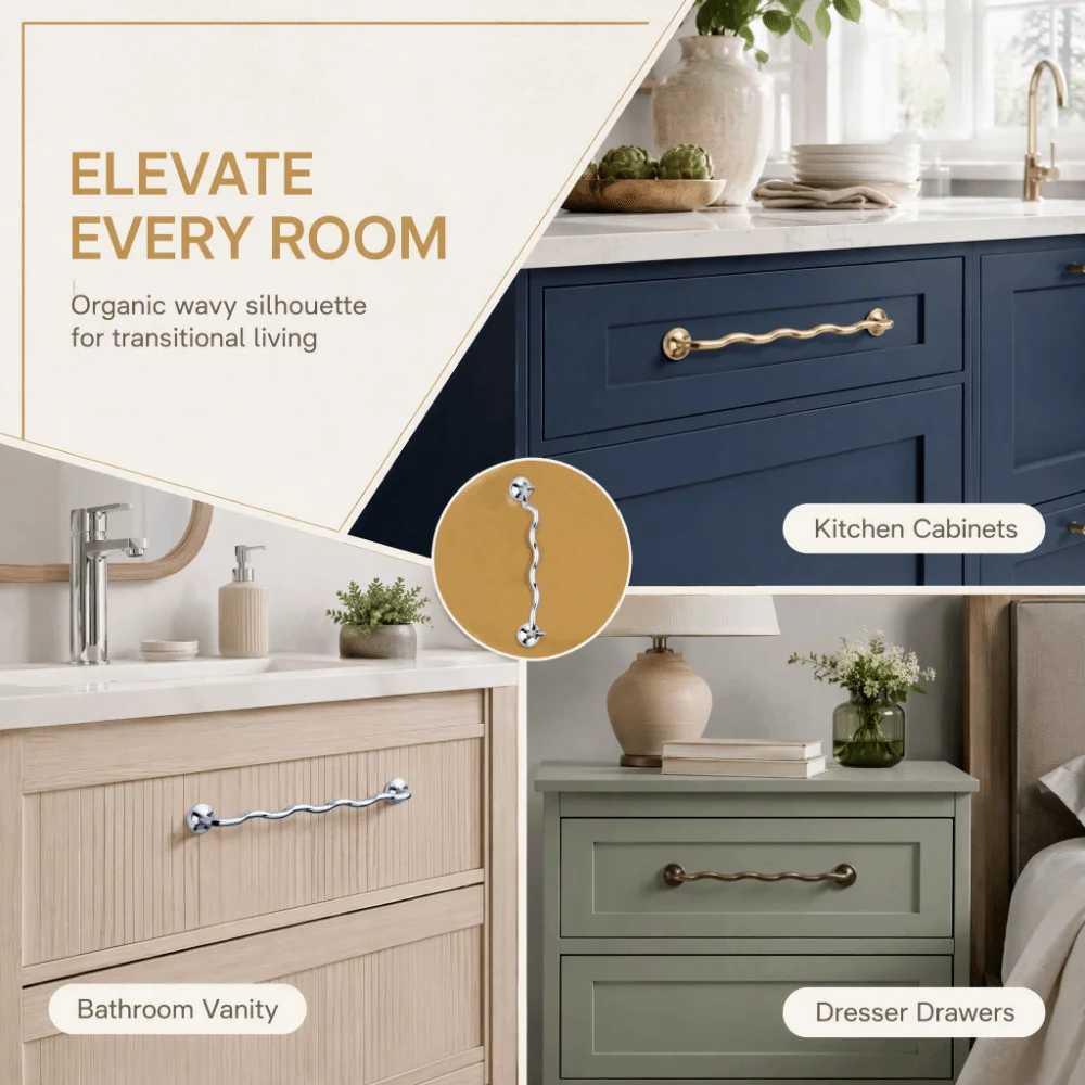 Zinc Alloy Cabinet Door Handles Wave Shaped Irregular Shape Furniture Knobs Modern Minimalist Bright Silver Wardrobe Pulls