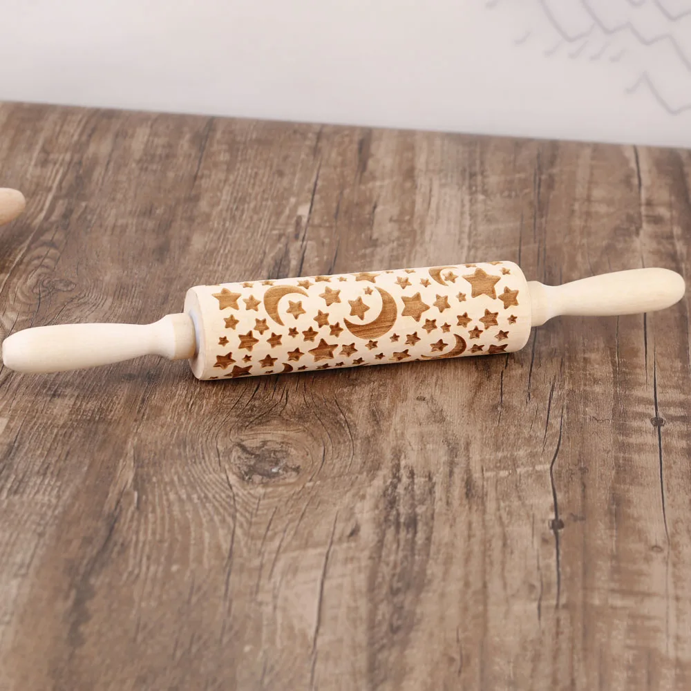 1pc 13.7in Moon and star Wooden Embossed Rolling Pin For Eid al-Adha Ramadan Baking Tools Deep Engraving Cookies Stamp Tool