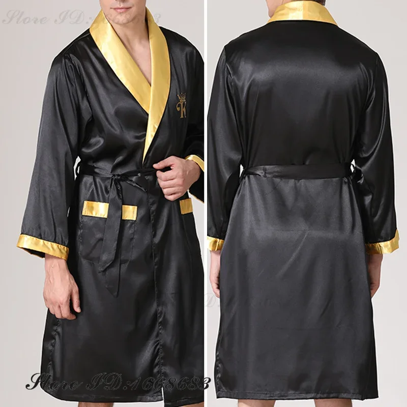 新しい男性ローブポケット春夏男性パジャマ着物バスローブガウンルーズカジュアルシルクサテンホームウェア部屋着ランジェリー