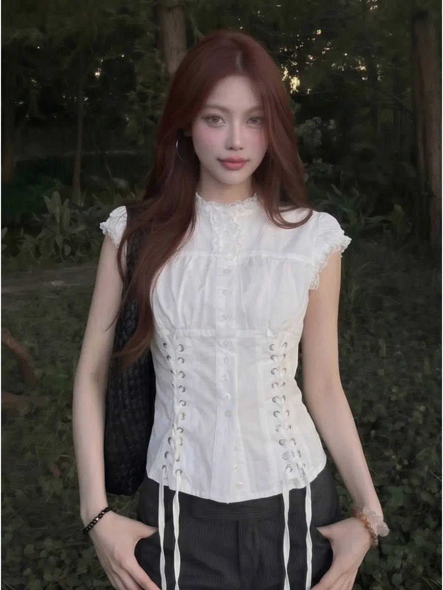 Retro Y2K Lace Trim Subculture Waist Cinch Tie Sleeveless Button up Shirt Women Sweet Style Vest Spicy Top Korean Style Commute