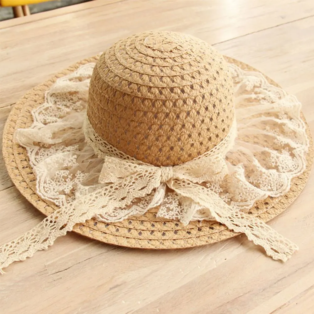 Fashion Crochet Women Summer Wide Brim Sunscreen Straw Hats Beach Cap Sun Hats Lace Side